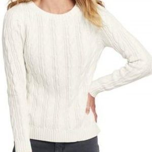 Lands' End Drifter Sweater Cable Knit Fisherman 100% Cotton White